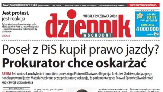 Pierwsza strona Dziennika Wschodniego z 19 czerwca 2018 roku