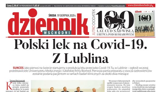 Pierwsza strona Dziennika Wschodniego z 19 sierpnia 2020 r.