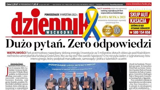 Pierwsza strona Dziennika Wschodniego z 19 września 2022 r.