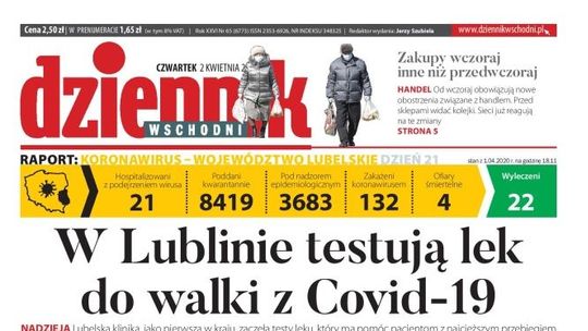 Pierwsza strona Dziennika Wschodniego z 2 kwietnia 2020 r.