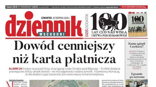 Pierwsza strona Dziennika Wschodniego z 20 sierpnia 2020 r.