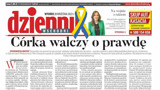  Pierwsza strona Dziennika Wschodniego z 20 września 2022 r. 