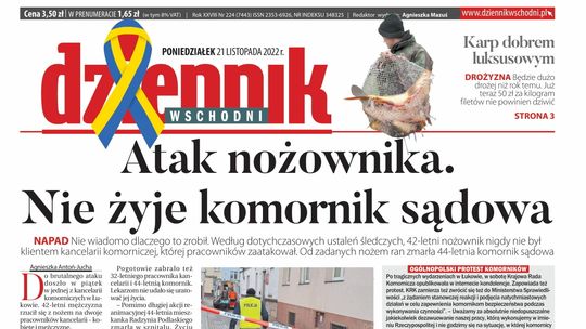  Pierwsza strona Dziennika Wschodniego z 21 listopada 2022 r. 