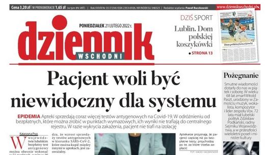 Pierwsza strona Dziennika Wschodniego z 21 lutego 2022 r.