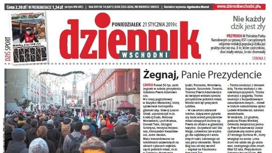 Pierwsza strona Dziennika Wschodniego z 21 stycznia 2019 roku