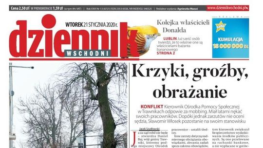 Pierwsza strona Dziennika Wschodniego z 21 stycznia 2020 r.