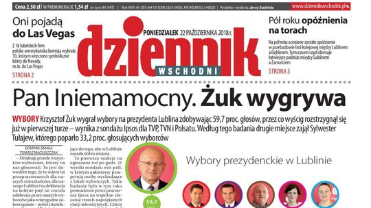 Pierwsza strona Dziennika Wschodniego z 22 października 2018 roku