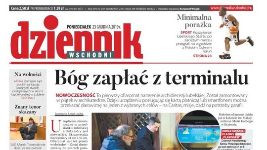 Pierwsza strona Dziennika Wschodniego z 23 grudnia 2019 r.