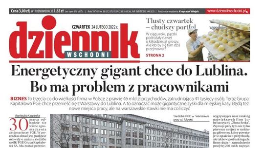 Pierwsza strona Dziennika Wschodniego z 24 lutego 2022 r.