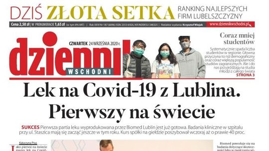 Pierwsza strona Dziennika Wschodniego z 24 września 2020 r.