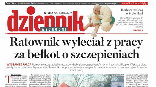  Pierwsza strona Dziennika Wschodniego z 25 stycznia 2022 r. 