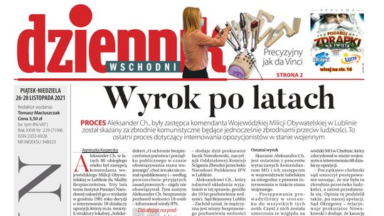  Pierwsza strona Dziennika Wschodniego z 26 listopada 2021 r. 