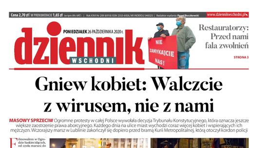 Pierwsza strona Dziennika Wschodniego z 26 października 2020 r.