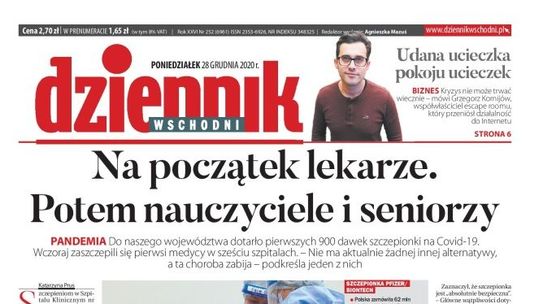 Pierwsza strona Dziennika Wschodniego z 28 grudnia 2020 r.