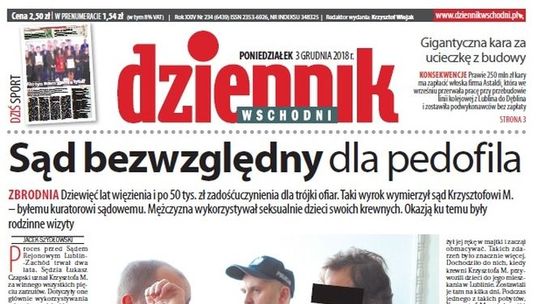 Pierwsza strona Dziennika Wschodniego z 3 grudnia 2018 roku