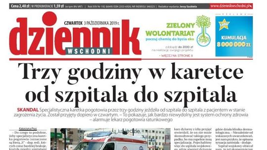 Pierwsza strona Dziennika Wschodniego z 3 października 2019 r.