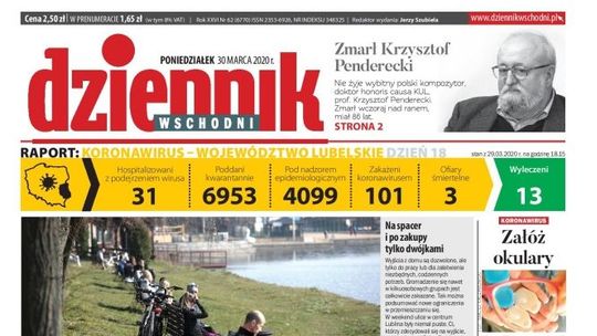 Pierwsza strona Dziennika Wschodniego z 30 marca 2020