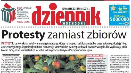 Pierwsza strona Dziennika Wschodniego z 30 sierpnia 2018 roku