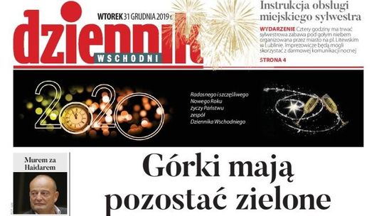 Pierwsza strona Dziennika Wschodniego z 31 grudnia 2019 r.