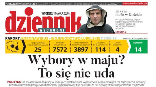 Pierwsza strona Dziennika Wschodniego z 31 marca 2020 r.