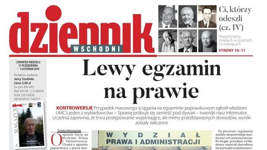 Pierwsza strona Dziennika Wschodniego z 31 października 2019 
