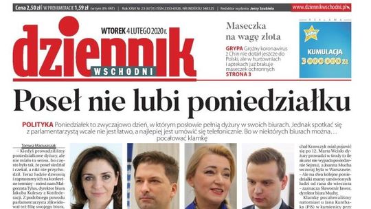 Pierwsza strona Dziennika Wschodniego z 4 lutego 2020 r.