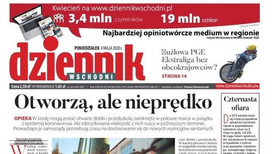 Pierwsza strona Dziennika Wschodniego z 4 maja 2020 r.
