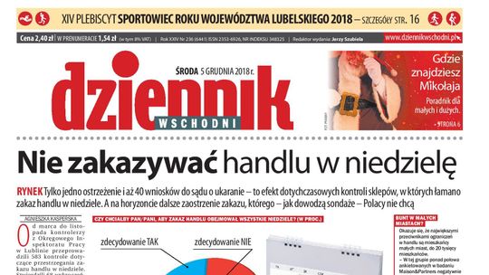 Pierwsza strona Dziennika Wschodniego z 5 grudnia 2018 r.