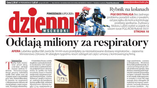 Pierwsza strona Dziennika Wschodniego z 6 lipca 2020 r.