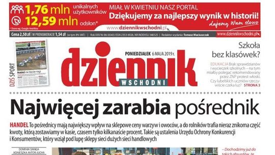 Pierwsza strona Dziennika Wschodniego z 6 maja 2019 r.