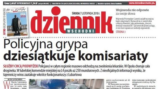 Pierwsza strona Dziennika Wschodniego z 7 listopada 2018 roku