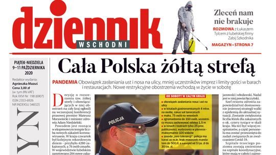 Pierwsza strona Dziennika Wschodniego z 9 października 2020 r. 