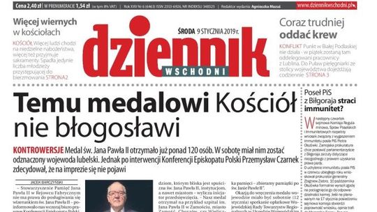 Pierwsza strona Dziennika Wschodniego z 9 stycznia 2019 r.