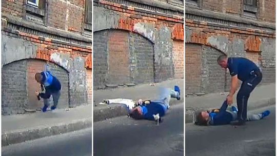 Pieszy odbił się od ściany i wylądował na jezdni. Szybka interwencja policji (wideo)