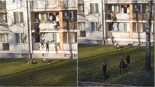 Puławy: Z balkonu nagle zaczęli wyskakiwać młodzi ludzie. Nagranie pojawiło się w internecie