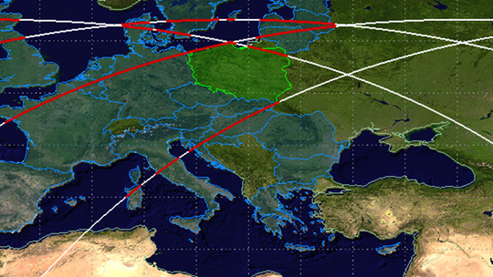 Mapa trajektorii przelotu satelitów nad Europą