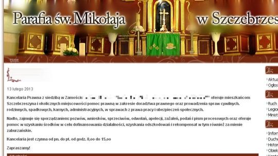 Reklama usług prawniczych na stronie parafii