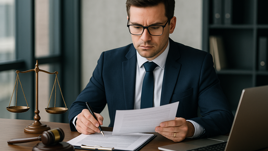 prawnik przy biurku z wagą sprawiedliwości