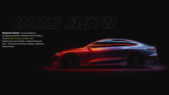 Grafika promująca Boss Auto Polska. Na ciemnym tle widoczna jest sylwetka nowoczesnego samochodu w czerwono-niebieskim, neonowym oświetleniu. Obok znajduje się informacja o profesjonalnym imporcie i transporcie samochodów z aukcji w USA, Kanadzie, Europie i Korei prosto pod dom klienta.
