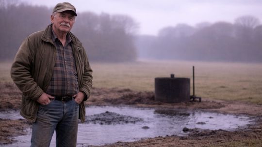 Pan Wiesław, rolnik z Samoklęsk na tle złoża ropy naftowej odkrytego na swoim polu