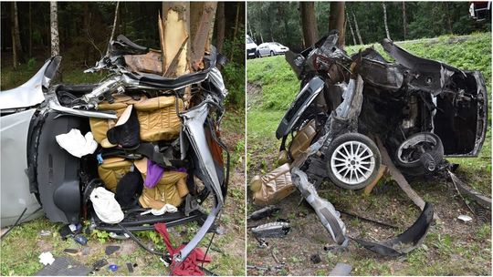 Tragicznie wyglądający, śmiertelny wypadek. Samochód owinął się wokół drzewa