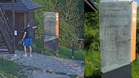 Wandal chciał się popisać. Strzelił i zniszczył tablicę