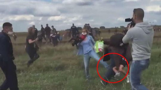 Węgierska dziennikarka podstawiła nogę ojcu z dzieckiem na ręku (wideo)