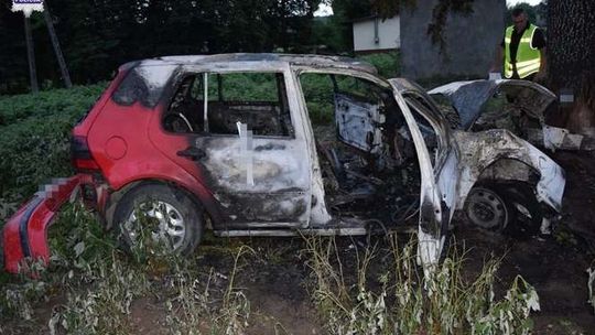 Wjechał w drzewo, auto spłonęło. Kierowca miał 2,5 promila (zdjęcia)