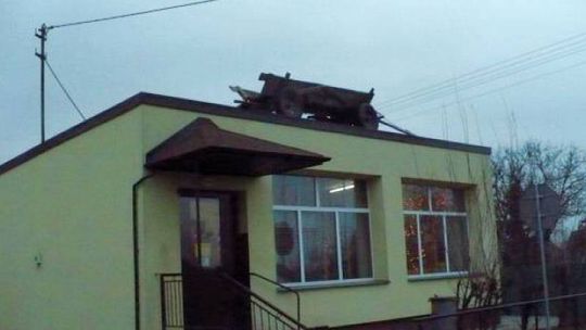 Wnieśli wóz konny na dach sklepu