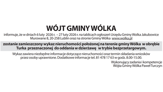 WÓJT GMINY WÓLKA informuje:
