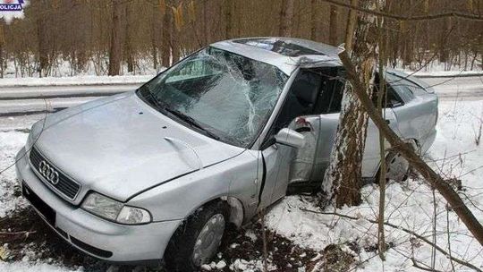 Wpadł w poślizg. Zjechał do rowu i uderzył w drzewo 