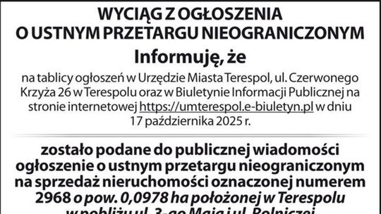Wyciąg z ogłoszenia Urzędu Miasta Terespol