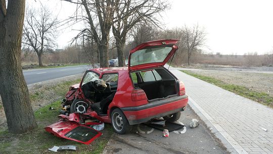 Wypadek na Zemborzyckiej. Kierowca golfa wjechał w drzewo