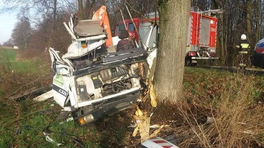 Wypadek w Piotrawinie. Ciężarówka rozbiła się na drzewie [zdjęcia]